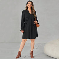 Plus Size Women Clothes Autumn Winter V Neck Solid Color Long Sleeve Loose Casual Dress