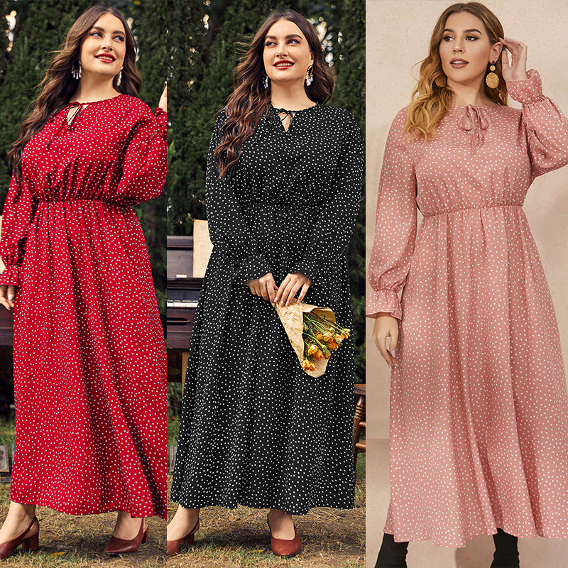 Plus Size Women Dress Polka-Dot Loose-Fitting Girls Long Sleeve Dress