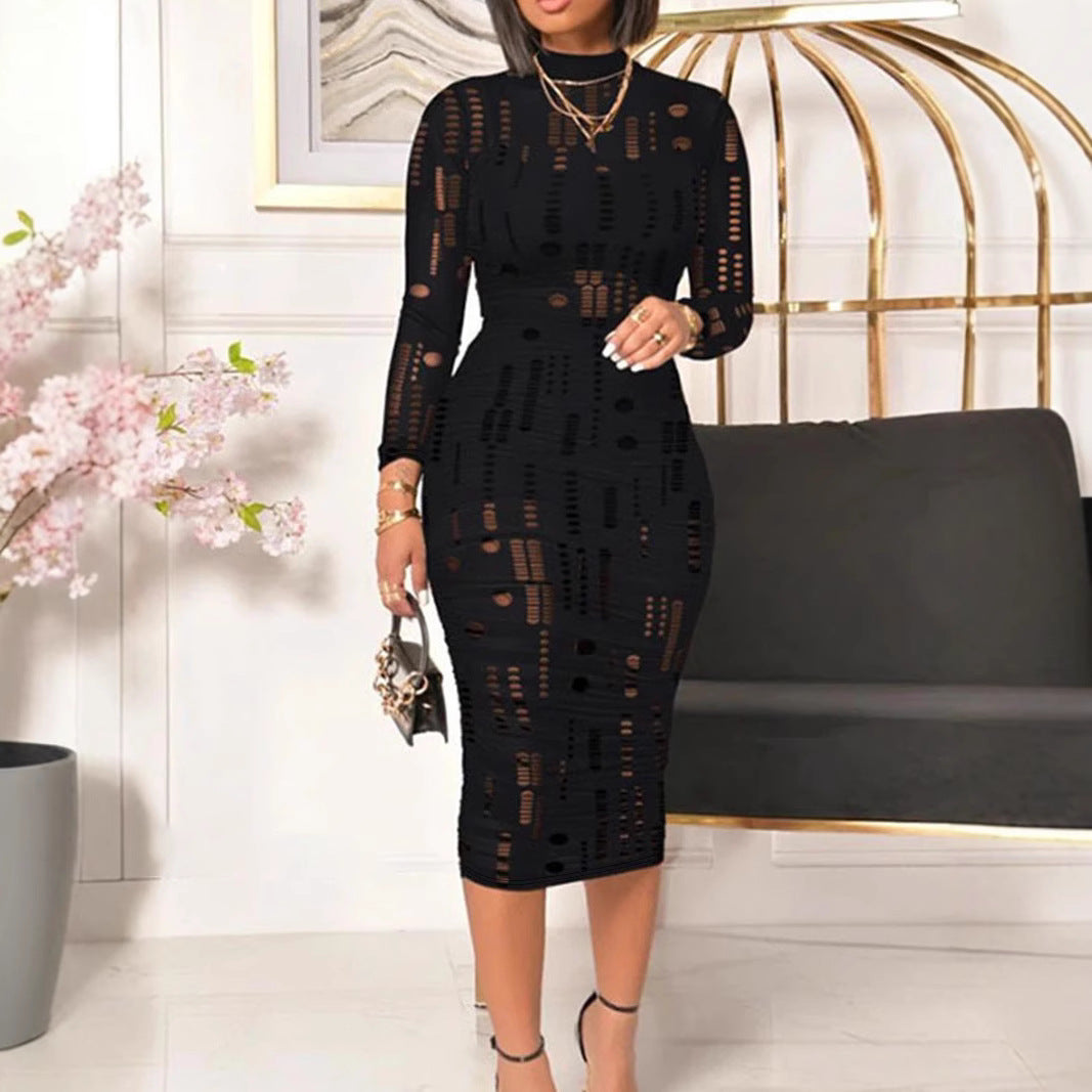 Plus Size Women Clothing Fashionable Trend Mesh Sexy Slim Hip Zipper Dress