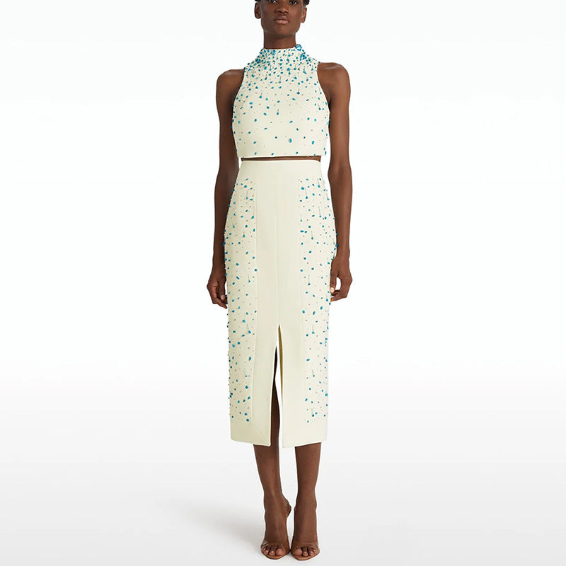 Heavy Industry Beads Vest Top Split Skirt Two Piece Sets