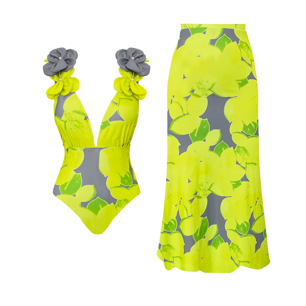 Deep V Plunge Printed One Piece Swimsuit for Women Swimsuit Skirt Two Piece Set