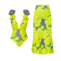 Deep V Plunge Printed One Piece Swimsuit for Women Swimsuit Skirt Two Piece Set