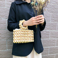 Retro Hand Woven Clutch Natural Wooden Bead Handbag Transparent Beach Cubic Bag