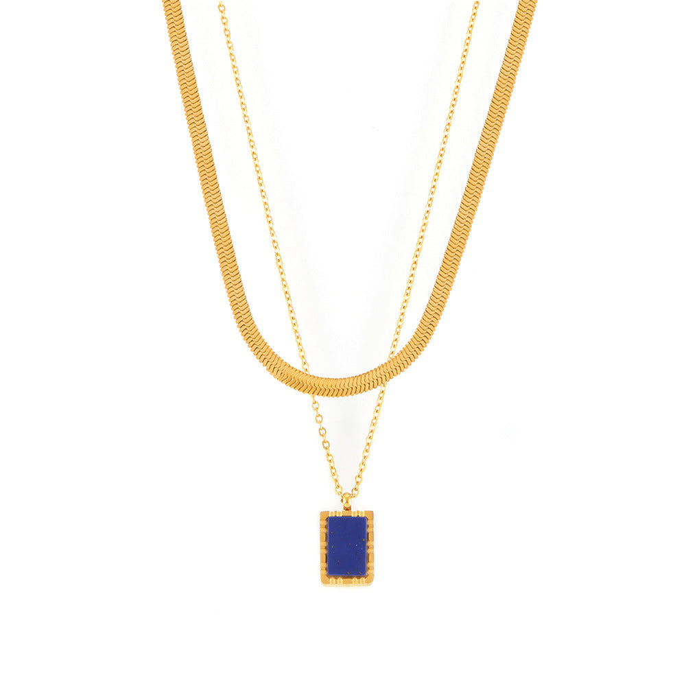 Natural Blue Lapis Lazuli Geometric Abstract Square Plate Clavicle Chain Titanium Steel Plated 18K Gold Stacked Necklace for Women