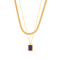 Natural Blue Lapis Lazuli Geometric Abstract Square Plate Clavicle Chain Titanium Steel Plated 18K Gold Stacked Necklace for Women