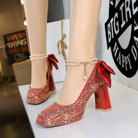French Bow Pearl Chain Ankle-Strap High Heels Square Head Waterproof Platform Thick Heel Sequined Shoes