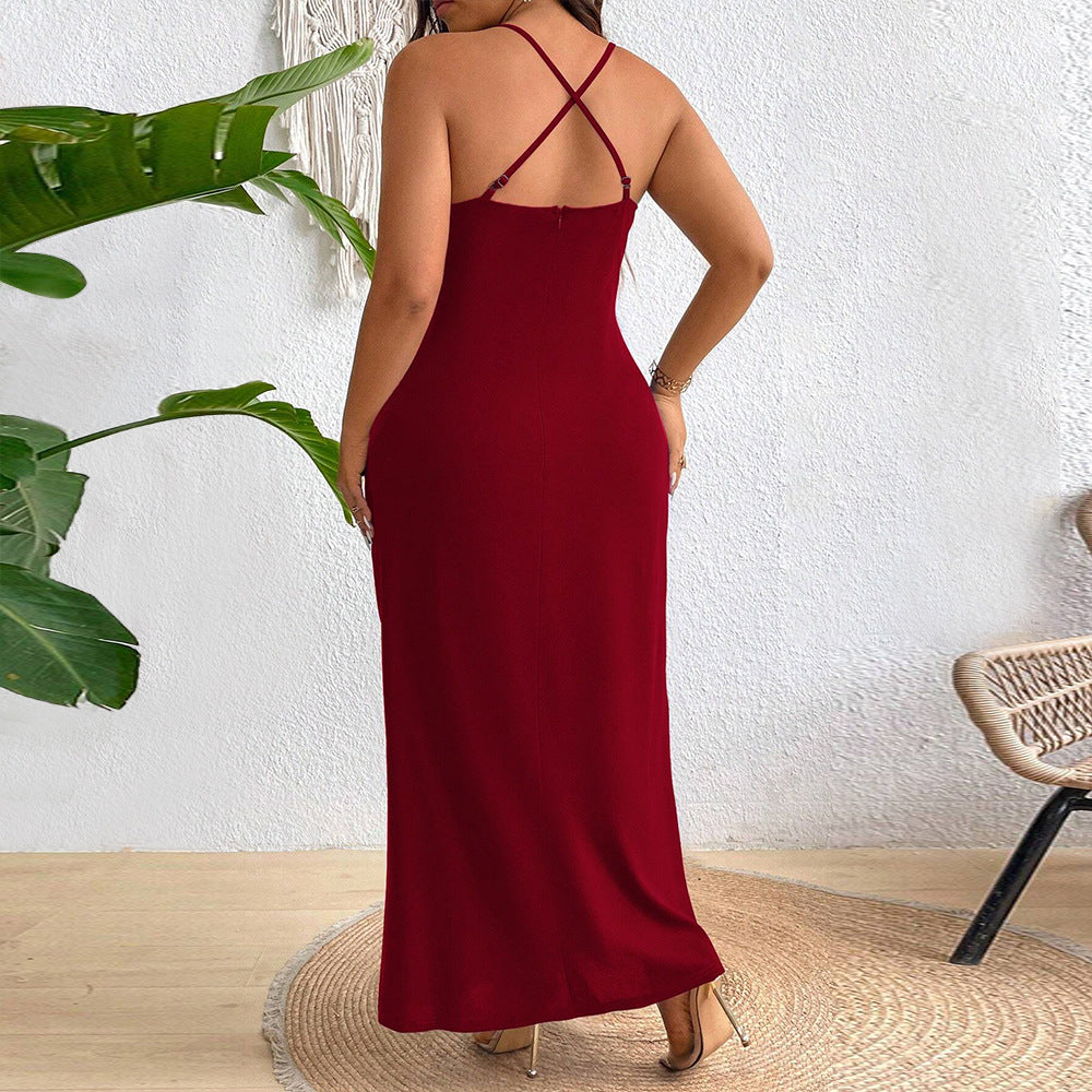 plus Size Women Elegant Socialite Red Dress Autumn Winter High Waist Halter Dress
