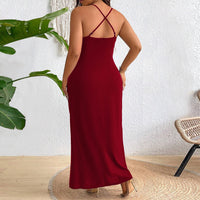 plus Size Women Elegant Socialite Red Dress Autumn Winter High Waist Halter Dress