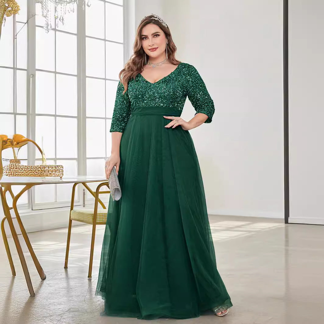 Plus Size V neck Short Sleeve Sequined Tulle A line Floor Elegant Prom Evening Dress Party Dress