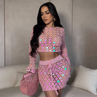 Sexy Women Handmade Crocheted Sequined Skirt Two Piece Beach Skirt Set