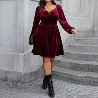 Plus Size Autumn Winter Size Clothes Sexy Waist Controlled Long Sleeves Cocktail Velvet Dress