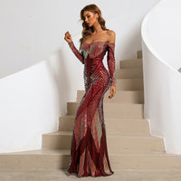 Red off-Neck Sheath Wrapped Chest Wedding Toast Dress Banquet Sequined Evening Dress Prom Formal Gown