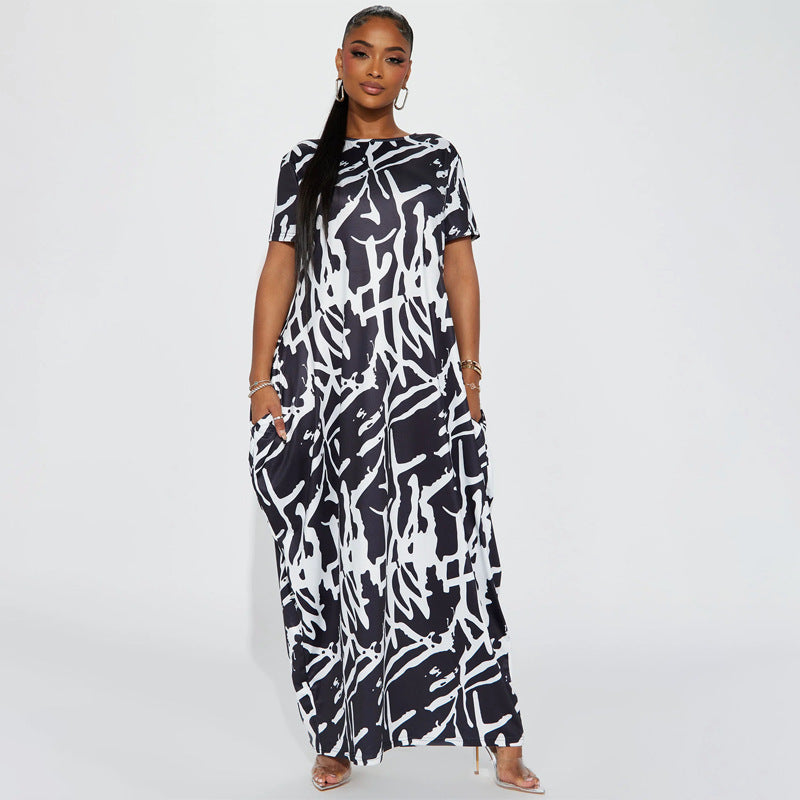 Plus Size Maxi Dress Abstract Print Black White Comfortable Casual Loose Dress