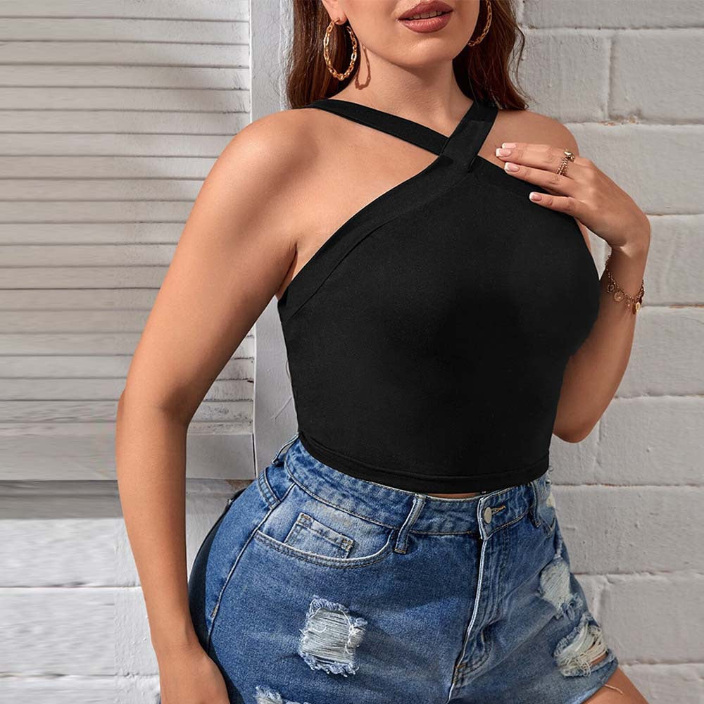 Plus Size Women Clothing Sexy Sling Vest Summer Slim Short Halter Top