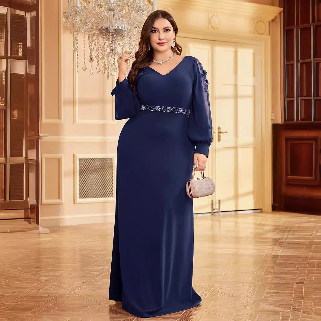 Plus Size Long Sleeve Dress V neck Bead Maxi Dress Slim Fishtail Bridesmaid Cocktail Evening Dress Women
