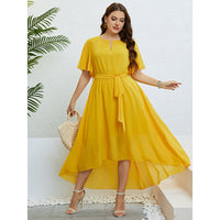 Popular Summer Yellow V neck Lace up Waist Controlled Dress Women