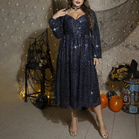 Plus Size Autumn Winter Sexy Women Clothing Dress Sequined Long Sleeve Halloween Dress
