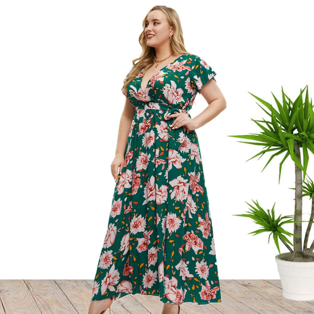 Plus Size Women Clothes Summer Short Sleeve Floral Print Slit Dress