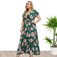 Plus Size Women Clothes Summer Short Sleeve Floral Print Slit Dress