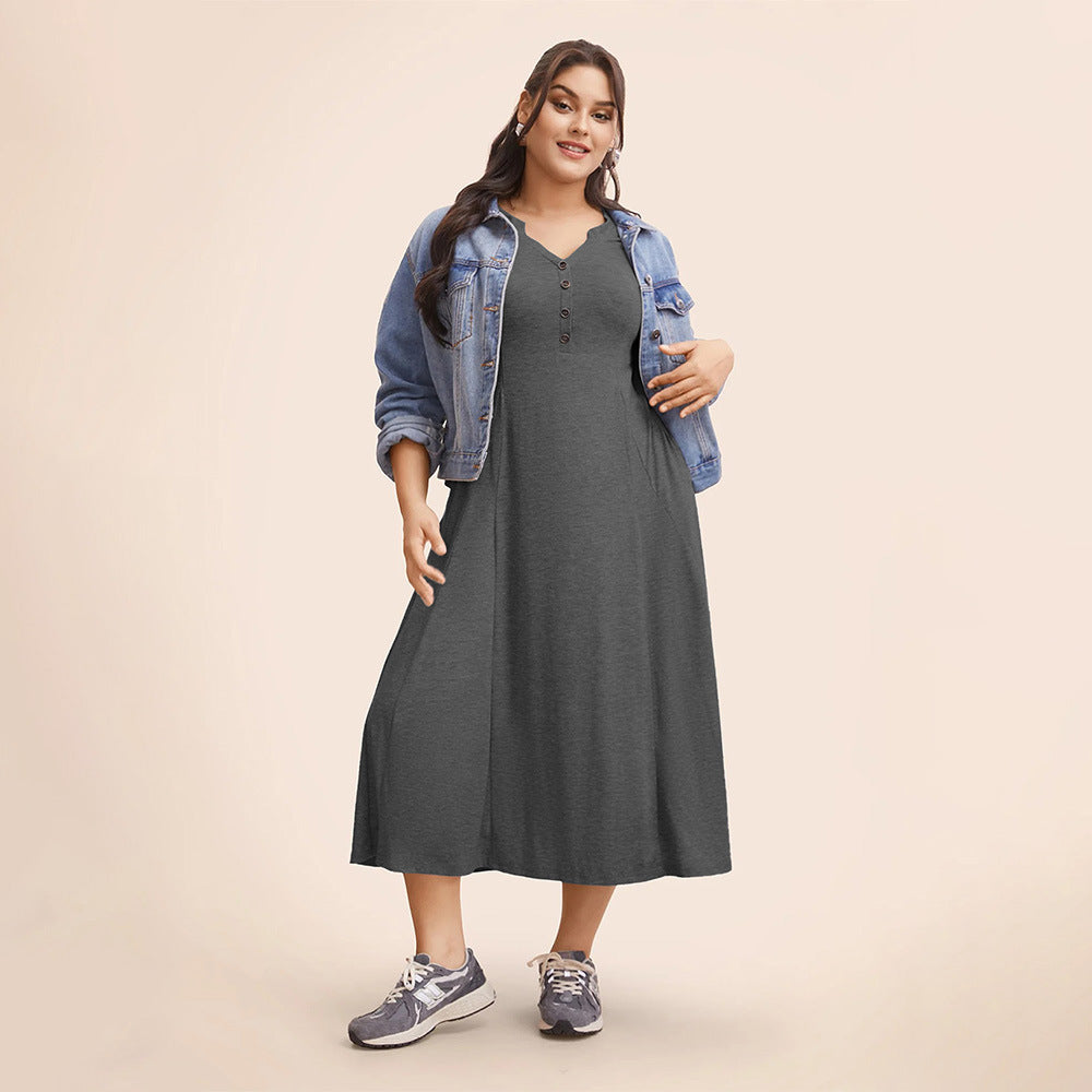 Plus Size Women Simple Dress Autumn Winter Loose Slimming All Match Office Inner Mid Length Dress