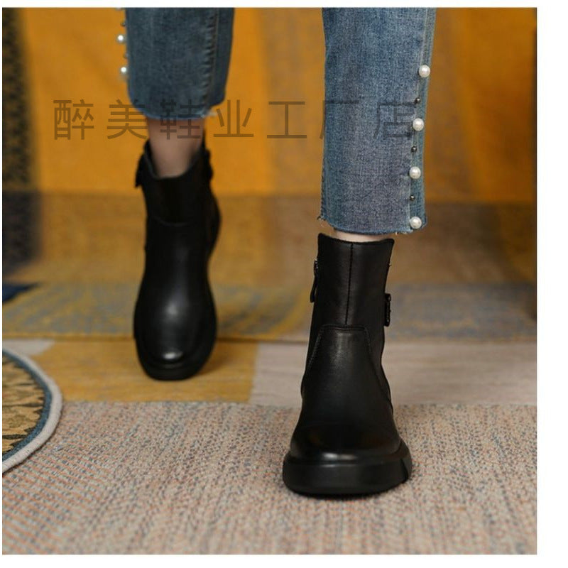 Women Platform Single Layer Boots Retro Flat Bottom Ankle Boots