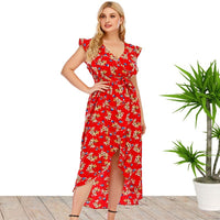 Plus Size Summer Women Clothes V-neck Printed Dress Beach Dress