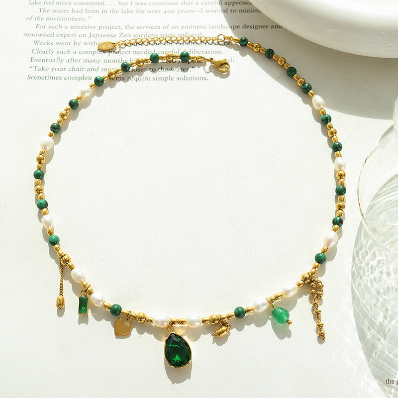 Court Non Fading Design Elegant Graceful Personality Freshwater Pearl Zircon Jade Turquoise Embellished Necklace