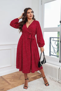 Plus Size Swing Artistic Red Dress Cotton Office Polka Dot Long Sleeve Women Clothing