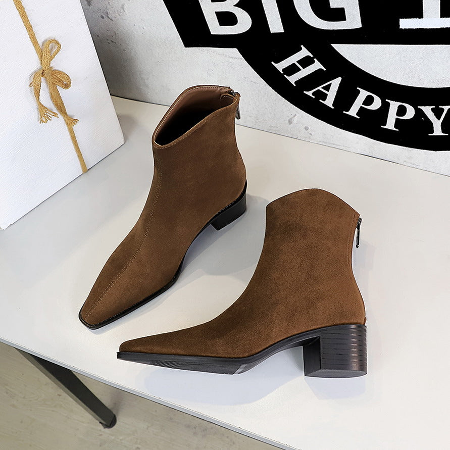 Fashionable Simple Winter All Matching Chunky Heel Mid Heel Pointed Toe Suede Short Boots Short Women Boots