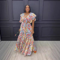 Sexy Printed Ruffled Strap Stitching Skirt Two Piece Set
