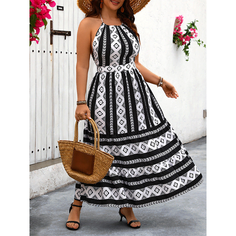 Plus Size Halter Sleeveless Printed Dress Vacation Bare Back Sexy Maxi Dress Women