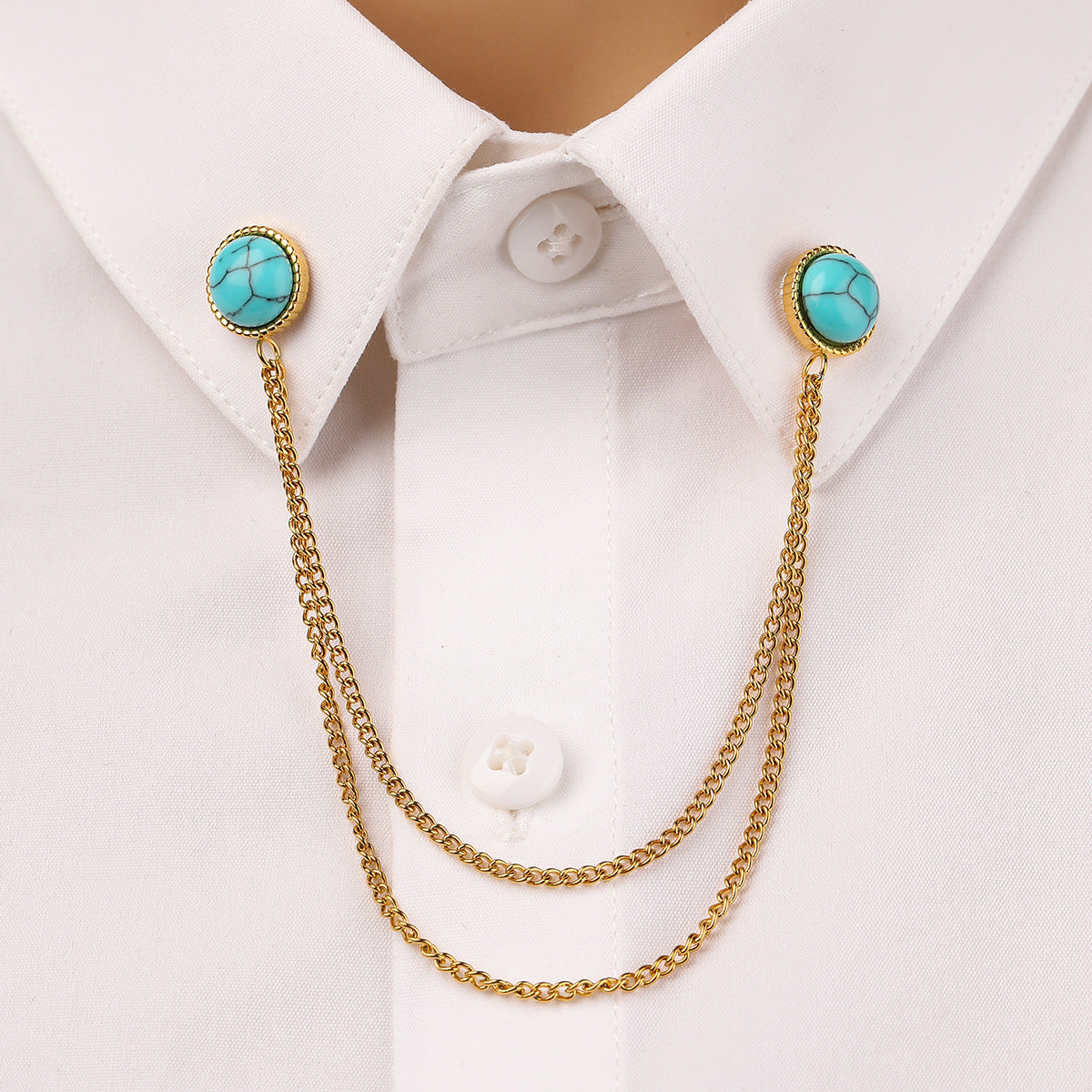 Oval Turquoise Stainless Steel Collar Pin All Match Shirt Neckline Ornament Women