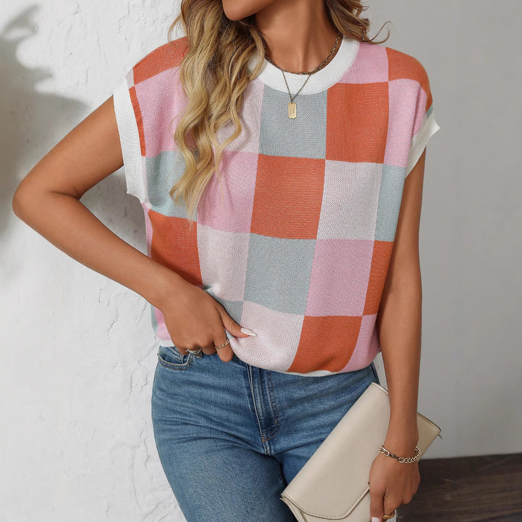 Summer Hat Sleeve Cropped Short Sleeve Color Block round Neck Knitted Chessboard Plaid Sweater Short