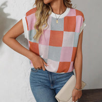 Summer Hat Sleeve Cropped Short Sleeve Color Block round Neck Knitted Chessboard Plaid Sweater Short
