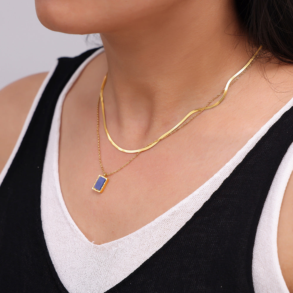 Natural Blue Lapis Lazuli Geometric Abstract Square Plate Clavicle Chain Titanium Steel Plated 18K Gold Stacked Necklace for Women