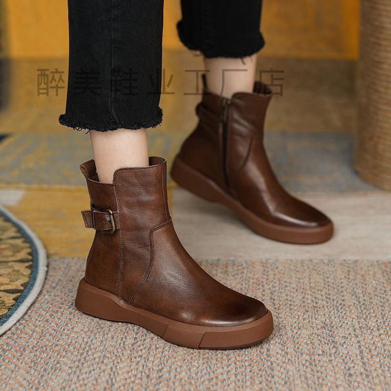 Women Platform Single Layer Boots Retro Flat Bottom Ankle Boots
