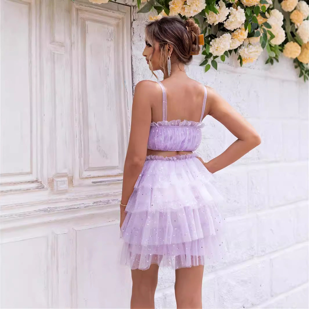 Sexy Solid Color Mesh Strap Tube Top Skirt Two Piece Set