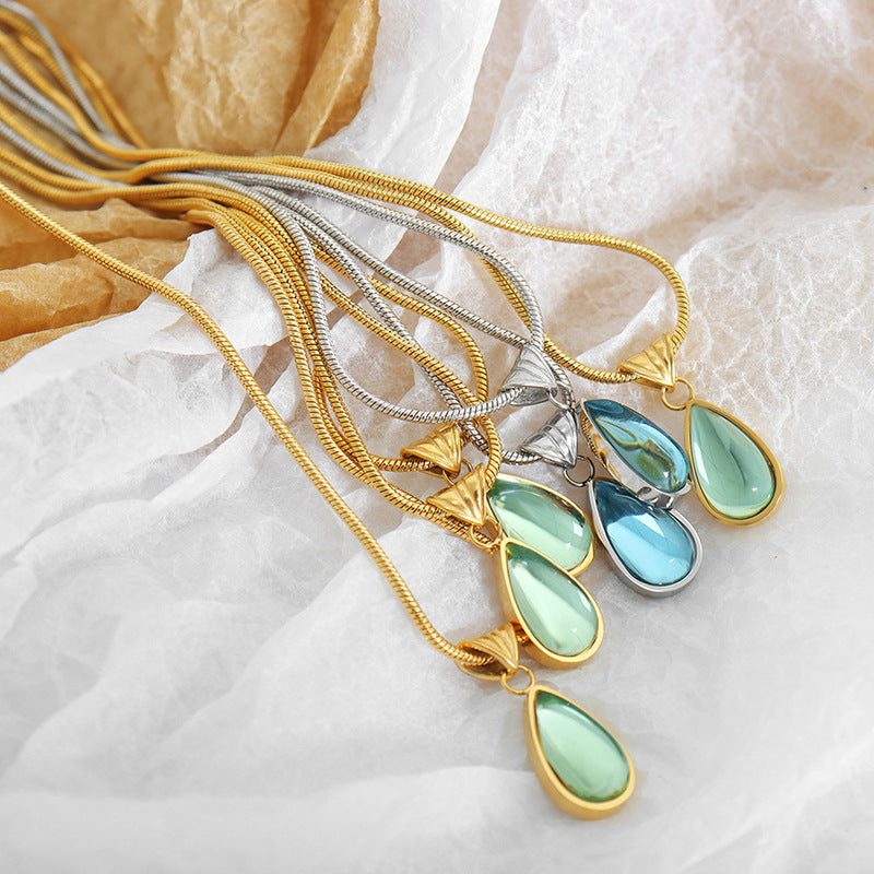 Olive Green Blue Water Drop Embellished Necklace Women Non Fading Special Interest Design Non Fading Lover Jewelry