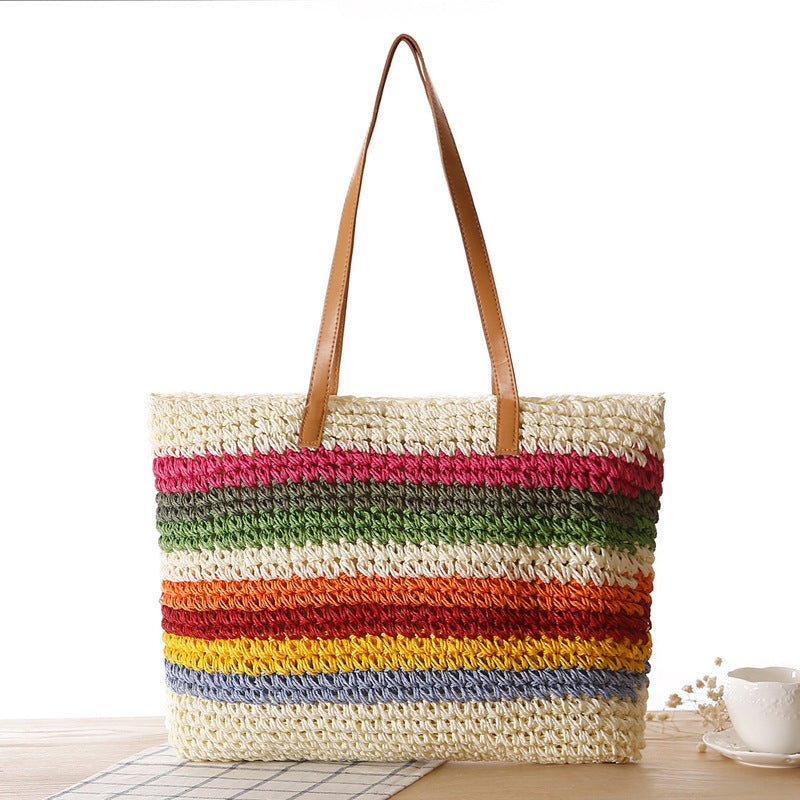 Rainbow Contrast Striped One-Shoulder Straw Bag Beach Bag Mori Women Bag Casual Bag