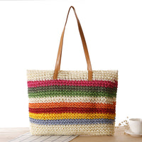 Rainbow Contrast Striped One-Shoulder Straw Bag Beach Bag Mori Women Bag Casual Bag