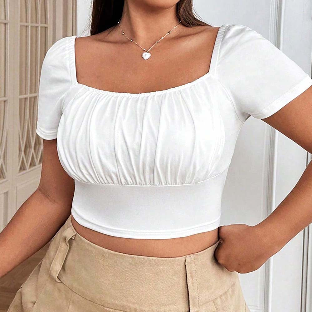 Plus Size Women Elegant Square Neck T shirt Summer Slim Fit Solid Color Short Top