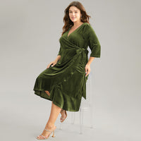 Plus Size Elegant Intellectual Fit Women Ruffles Lace Up Waist Controlled V Neck Dress