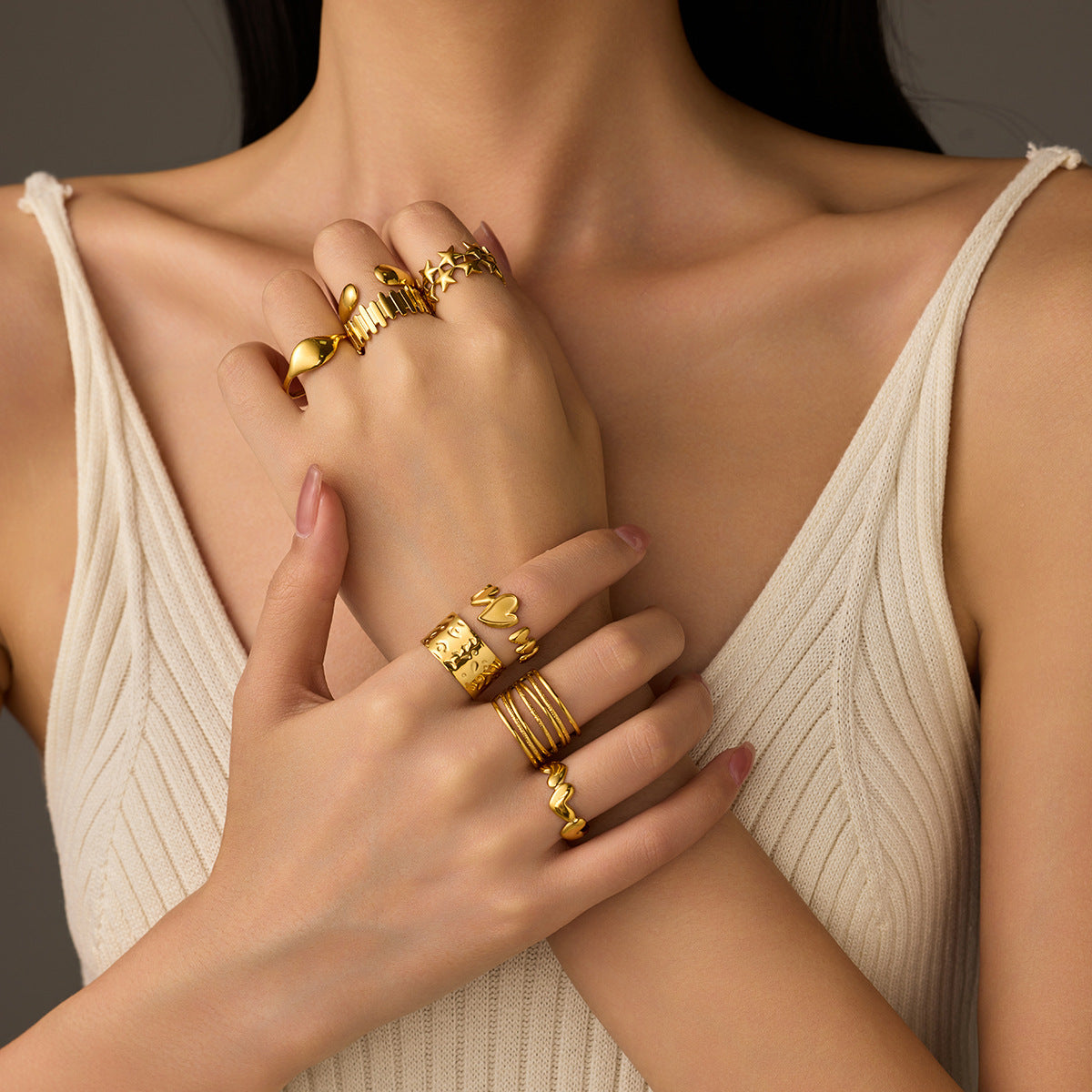 Cold 18K Gold Geometric Abstract Irregular Asymmetric Titanium Steel Ring Open Stainless Steel Ring Accessories