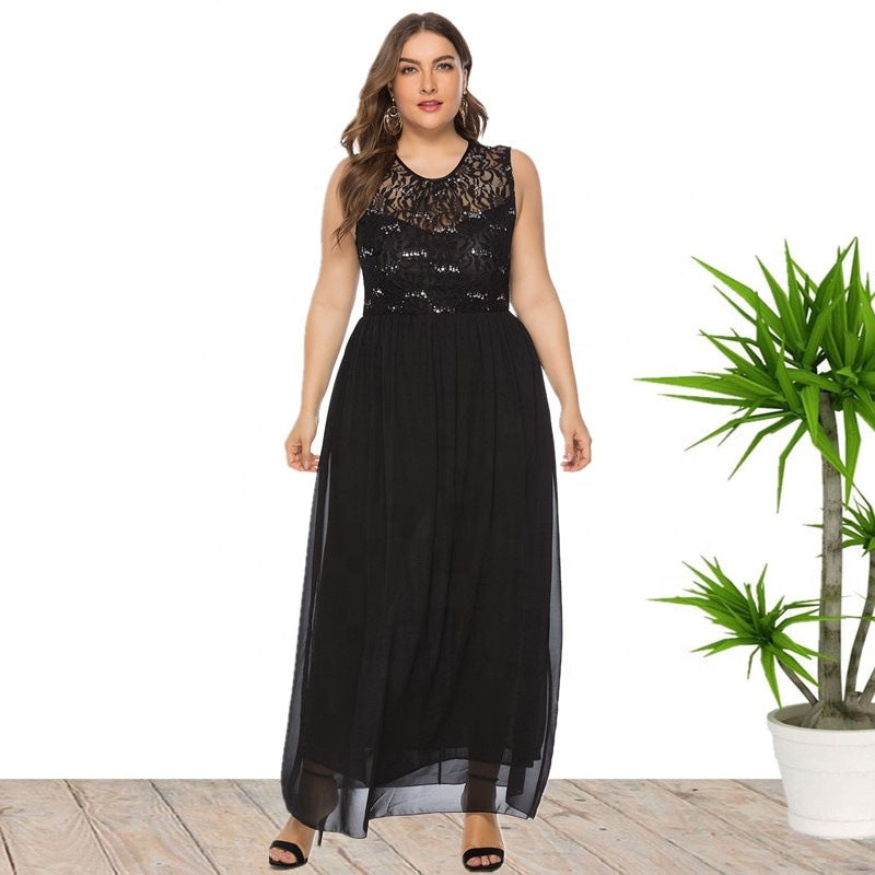 Plus Size Summer Women Clothes Sleeveless Sequin Lace Chiffon Stitching Dress