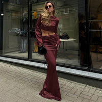 Long Sleeves Cropped Top Satin Draping Skirt Set Ruffle Hip Long Skirt Two Piece Set