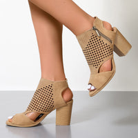 Camel Faux Leather Hollowed Women High Heeled Sandal Side Zipper Chunky Heel Height Increasing Women Sandals