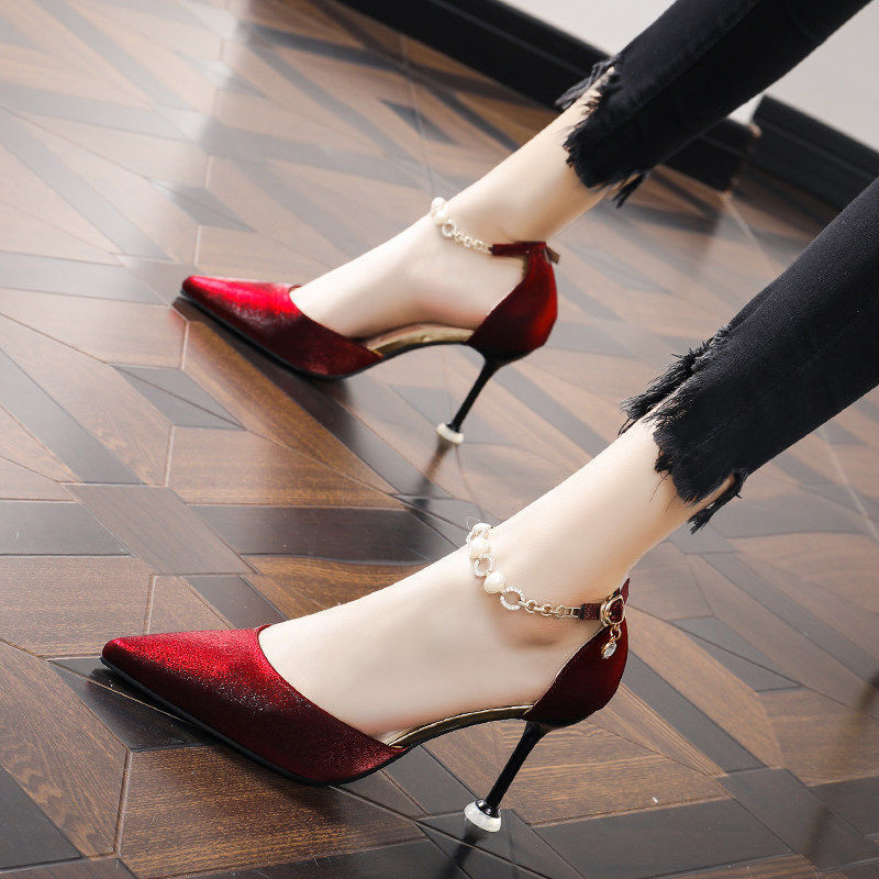 High Heels Spring French Joker Stiletto Internet Celebrity Pointed Toe Buckle Strap Red Sandals