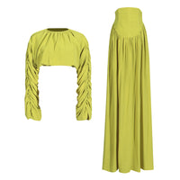 French Fashionable Autumn Lantern Sleeve Tied Top High Waist Drooping Skirt Two Piece Women Clothing