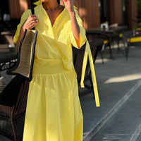Spring Autumn Polo Collar Shirt Yellow Skirt Set Women Two Piece Sets