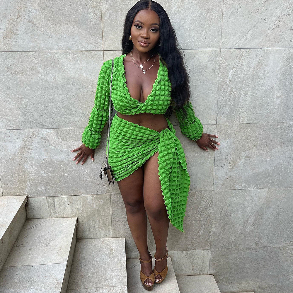 Women Streetwear Hollow Out Cutout Out cropped Bubble Set Rope Long Sleeve Short Dress Two Piece Set